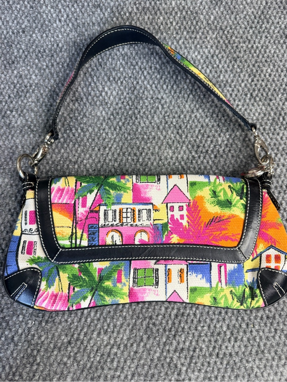 The Sak Pink Label Y2K Coastal Village Canvas Leather Trim Baguette Shoulder Bag
